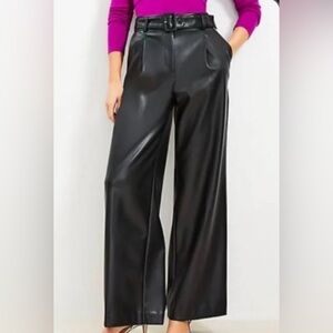 Loft vegan faux leather full length wide leg pleated pants with pockets and belt
